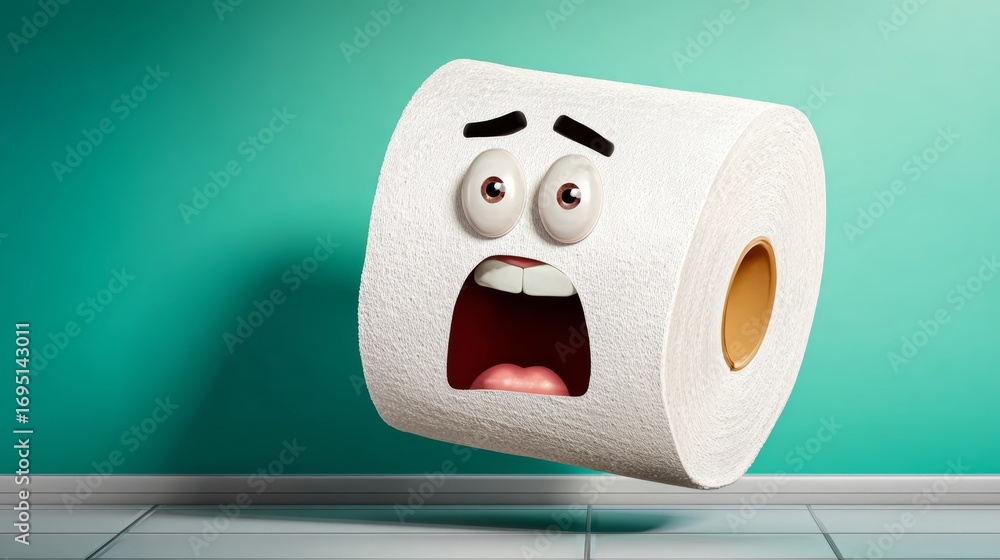 Poster cartoonish toilet paper roll with a surprised expression on its face. the roll is floating in the ai