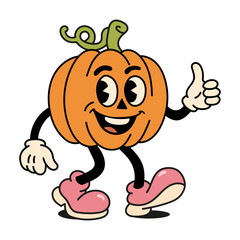 A Cheerful Cartoon Pumpkin Character Giving a Thumbs Up While Walking Playfully, Perfect for Halloween Celebrations and Seasonal Decorations