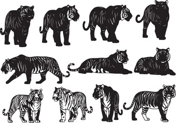 Naklejka premium Collection of Tiger Silhouettes in Various Poses Symbolizing Strength and Elegance Creating a Versatile Animal Graphic Design Element on White Background