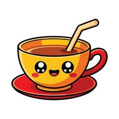 Cartoon cup of coffee with a straw cute coffee cup character with eyes and smile vector illustration of a kawaii drink