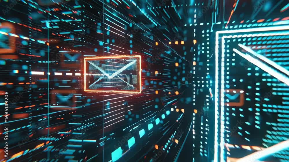 Poster futuristic glowing blue email icons in digital environment representing communication and technology