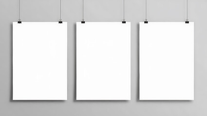 Three blank white posters hanging on wall mockup