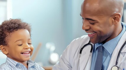 Joyful interaction between doctor and child in medical setting showcases happiness and care in pediatric healthcare environment - Powered by Adobe