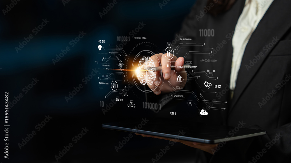 Poster ai data management system for digital analysis, with ai, data, and system repeating for better seo t