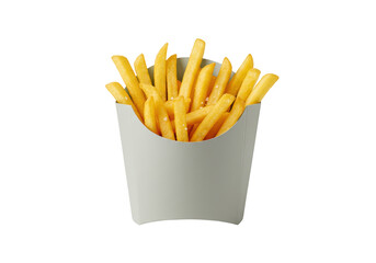Isolated golden French fries in gray box for takeout, salty fast food, delicious snack