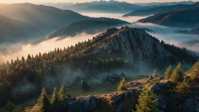 Epic sunrise over misty mountain valleys with golden light illuminating a pine forest - Powered by Adobe