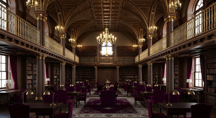 Magnificent Architecture: A Timeless Depiction of an Elegant Library Interior with Rich Details