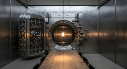 Magnificent Bank Vault Interior with a Modern Table and Dramatic Lighting