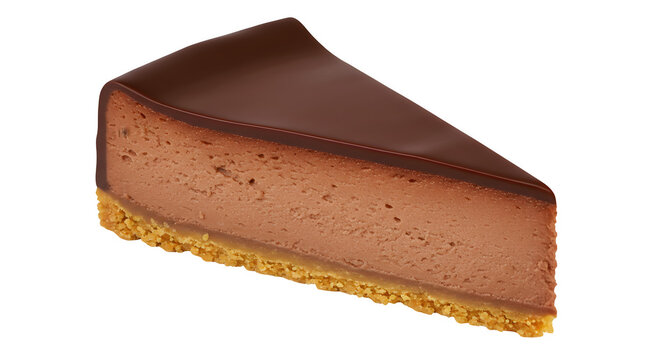 Slice of chocolate cheesecake with dripping ganache glaze isolated on white transparent background 3D rendered PNG element, Delicious chocolate cake slice ong