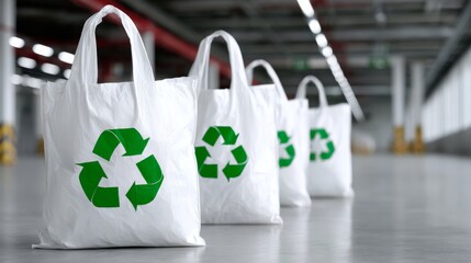 Three white bags with green recycling symbols on them. The bags are lined up on a floor. The bags are made of plastic and are meant to be used for carrying items