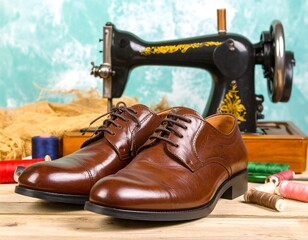 Polished brown leather dress shoes beside vintage sewing machine