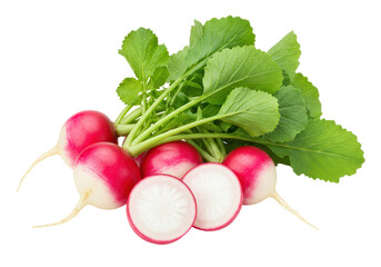Isolated fresh radishes with green leaves, whole and sliced, ready to eat, raw vegetable