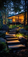 Obraz premium Stone steps leading to a modern home at dusk