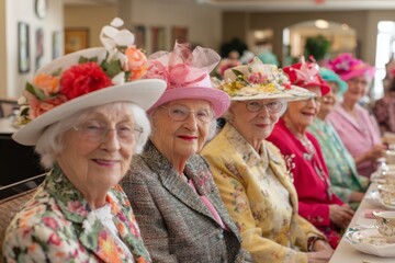 A group of elegant ladies dressed in colorful outfits and decorated hats gather around a table for afternoon tea in a bright and cheerful dining space decorated with flowers