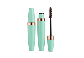 Isolated open aqua cosmetic bottle with brown brush applicator ready for makeup process