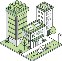 Isometric Eco-Friendly City with Green Buildings and Sustainable Urban Design