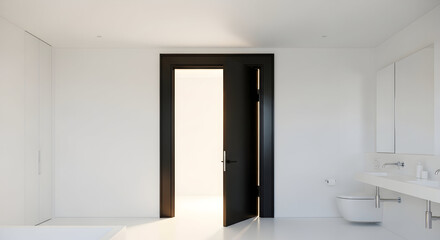 Minimalist Bathroom With Open Door And Contemporary Design Aesthetics In Bright White