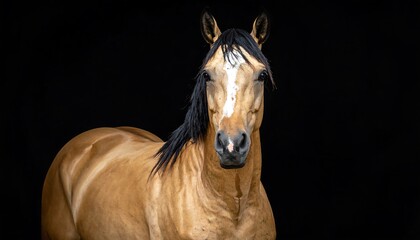 A stunning, light-tan horse, against a dramatic black backdrop, commands attention with its regal presence.