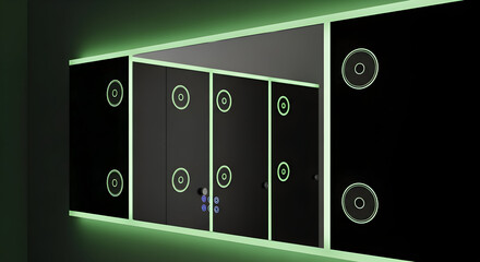 Modern and futuristic design of a control panel with glowing light effects and doors