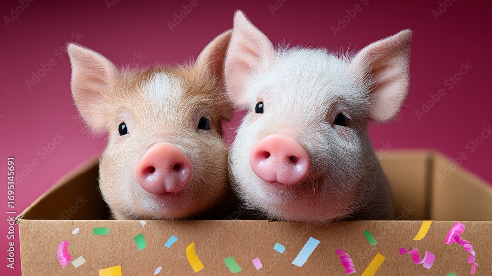 Poster two piglets are in a box with a pink background. they are looking at the camera and appear to be hap