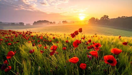 Fototapeta premium Sunrise over a field of poppies