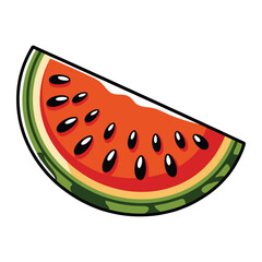 A vibrant slice of watermelon with juicy red flesh and black seeds, the rind is green and white, and the fruit looks refreshing
