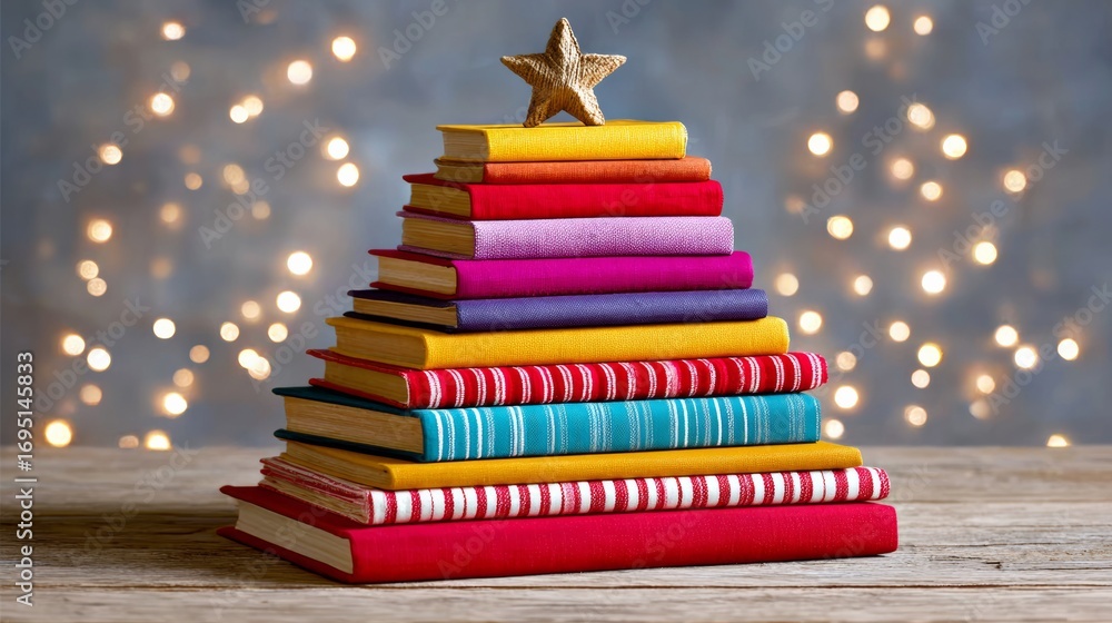 Poster Stack of books is piled on top of each other to form a Christmas tree. The books are of different sizes and colors, and the top book has a star on it. The scene is festive and cheerful