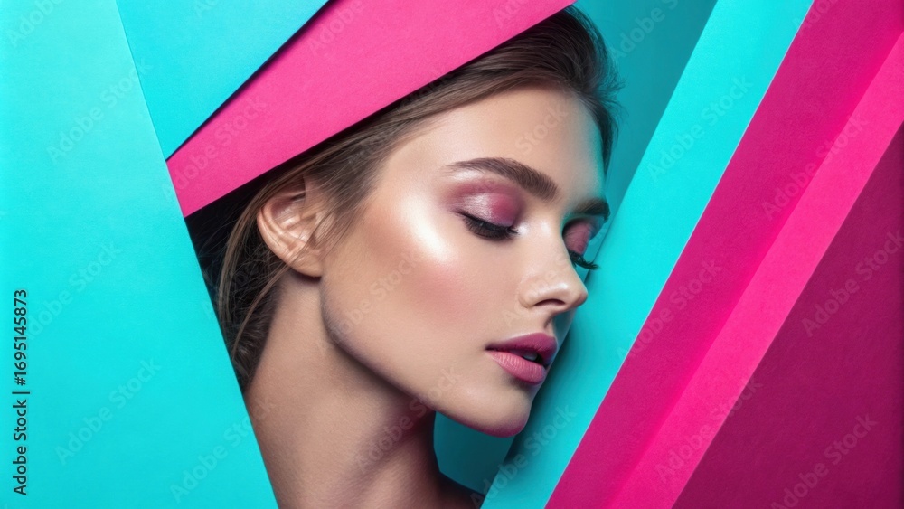 Poster a bold artistic depiction highlights a models face framed by layers of neon color blocking in shades