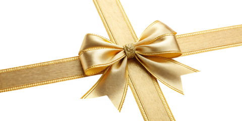 Golden ribbon tied into a bow with crisscrossed ribbons against a black background yellow