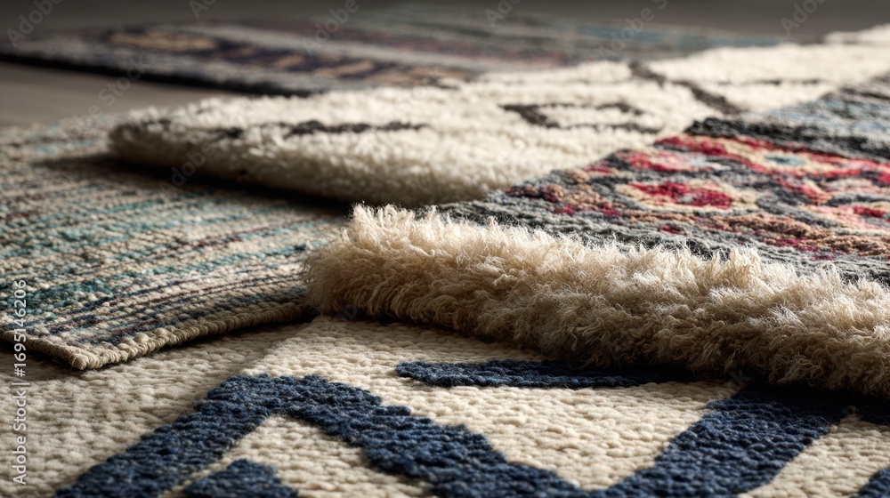 Poster focused medium shot of juxtaposed rugs featuring modern patterns and tactile layering creating depth