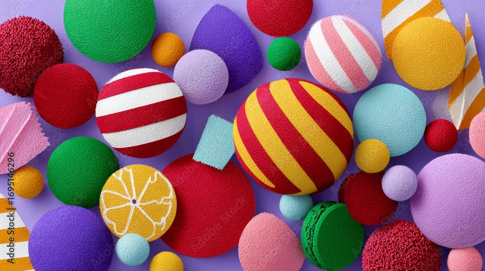 Poster colorful assortment of balls, including some that look like oranges and macarons. concept of playful