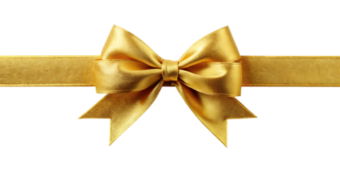 Golden ribbon tied into a bow centered horizontally against a black background yellow