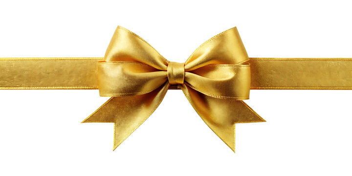 Golden ribbon tied into a bow centered horizontally against a black background yellow