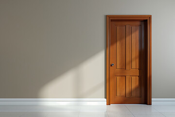 Wooden door with light. Classic wooden door with natural light and shadow on wall. Ideal for interior design or architecture themes.