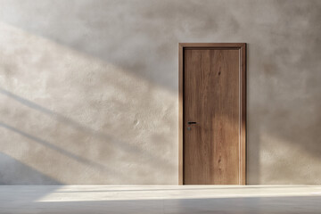 Modern wooden door on wall. Simple door design with natural light and shadows. Ideal for interior architecture or minimalist decor.