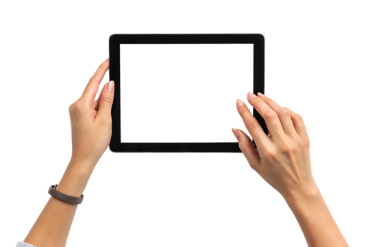 Hands Holding Tablet Computer with Blank White Screen in Landscape Orientation graphic design