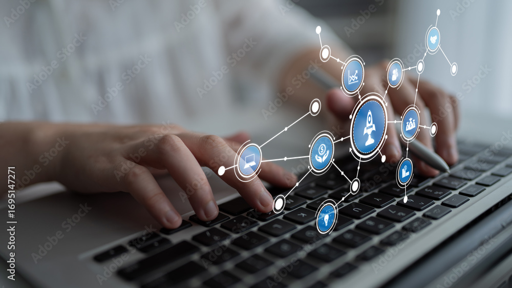 Poster a focused view of hands typing on a laptop keyboard, surrounded by various technology icons illustra