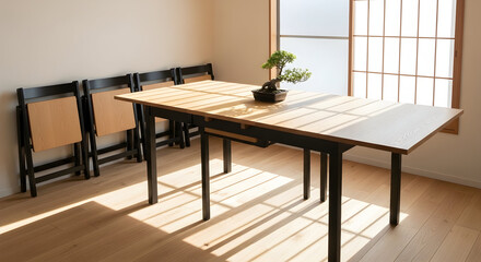Minimalist Dining Room Design Featuring a Wooden Table, Bonsai, and Chairs
