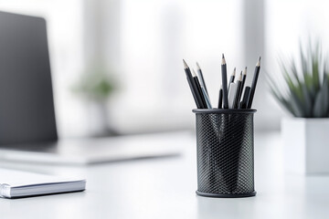 Soft light on pencils. Black pencils in mesh holder. Clean workspace detail for office and productivity themes.