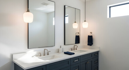 Modern Bathroom Design Featuring Dual Sinks, Mirrors, and Contemporary Pendant Lighting Fixtures