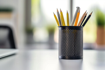 Bright focus on pencils. Yellow and black pencils in mesh holder. Modern workspace detail for office or education themes.