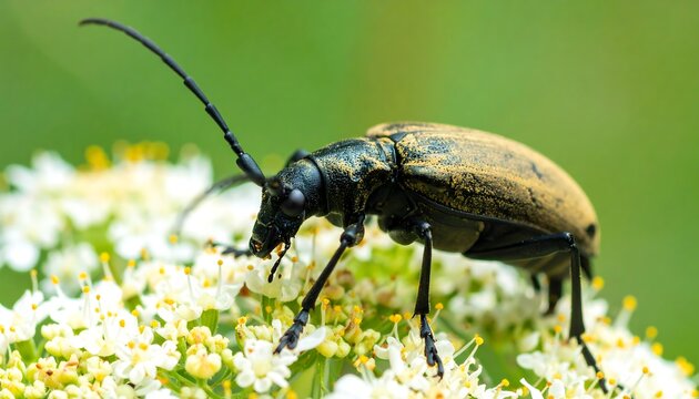 Close-up of longhorn beetle on white flowers