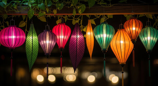 A vibrant display of colorful lanterns hanging, casting a warm glow and creating a festive atmosphere for celebration and cultural events