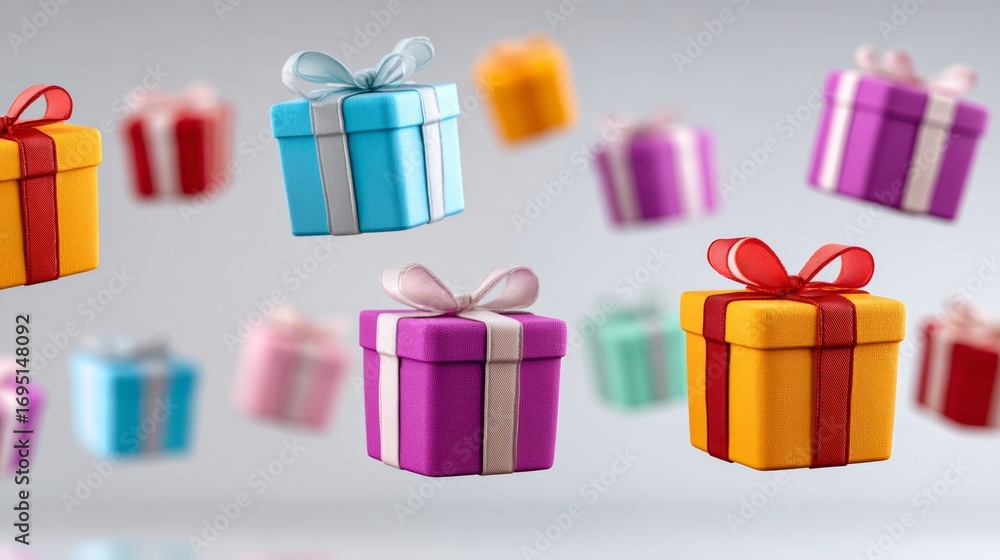 Poster bunch of colorful boxes are flying through the air. the boxes are of different colors and sizes, and