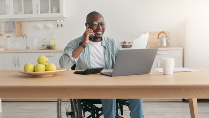 Work of manager remote, job of disabled person at home, devices for communication. Glad adult...