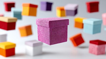 Pink box is floating above a pile of colorful boxes. The pink box is the only one that stands out from the rest. Concept of excitement and anticipation