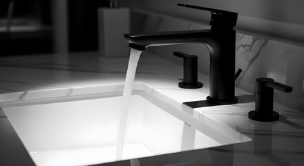 Modern Bathroom Design: Sleek Faucet Displaying Running Water With Minimalist Aesthetics
