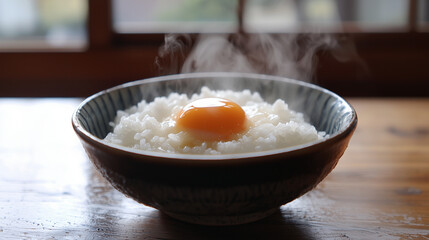湯気立つ卵かけご飯のあたたかな朝