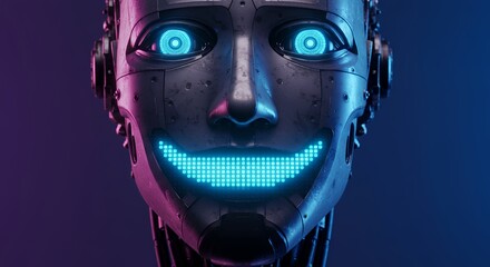 Digital robot face smiling with glowing blue eyes and mouth against gradient background
