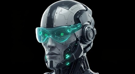 Futuristic humanoid portrait with cybernetic features on black background